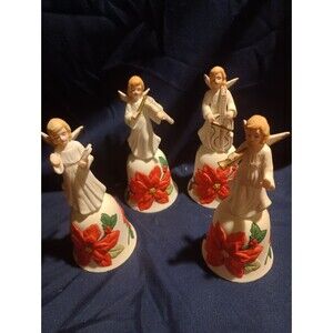 Vtg Enesco Porcelain Angel Bell Figurine Holding Instruments Flowers Set of 4
